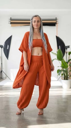 %100 Pamuk, Bürümcük, Lastik Detay, Bohem Lidya Kaftan (Turuncu)