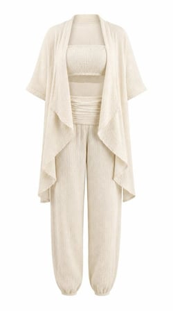 %100 Pamuk, Bürümcük, Lastik Detay, Bohem Lidya Kaftan (Bej)