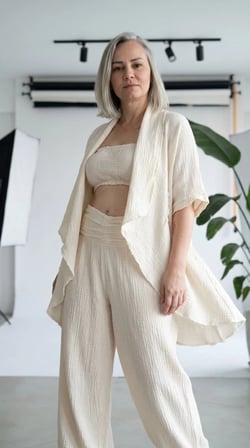 %100 Pamuk, Bürümcük, Lastik Detay, Bohem Lidya Kaftan (Bej)