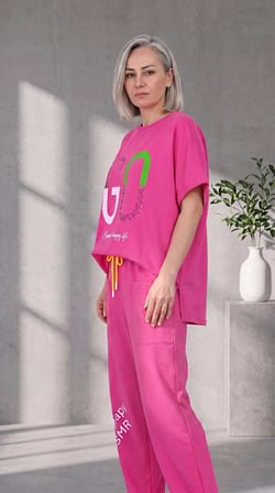 Üzeri Taş Baskı Detaylı, Oversive, Bel Lastik Detaylı Bluz & Pantolon Takım (Pembe)