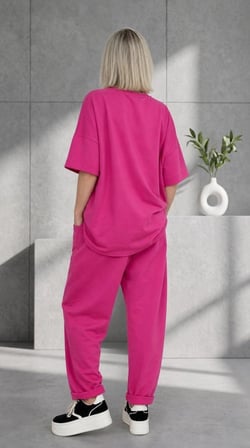 Üzeri Taş Baskı Detaylı, Oversive, Bel Lastik Detaylı Bluz & Pantolon Takım (Pembe)