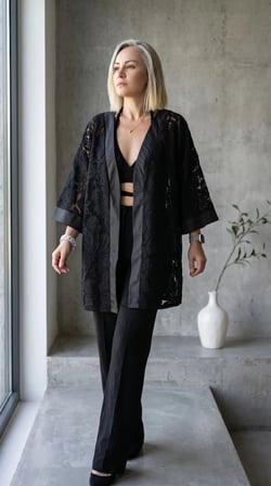 Tül Üzerine Nakışlı Çiçek Desen Dantel Kimono