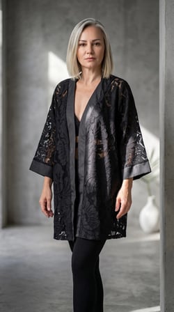 Tül Üzerine Nakışlı Çiçek Desen Dantel Kimono