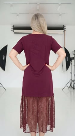 Genç Büyük Beden, Eteği Dantel Detay Detay Elbise ( Bordo)