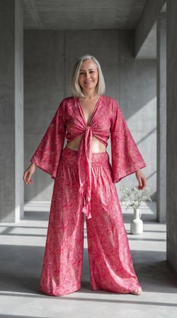 %70 ipek , İki Parçalı , Bağlamalı Bluz Detaylı Bohem Takım ( Pembe)