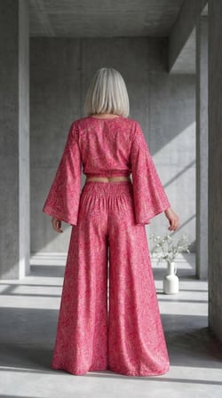 %70 ipek , İki Parçalı , Bağlamalı Bluz Detaylı Bohem Takım ( Pembe)