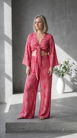 %70 ipek , İki Parçalı , Bağlamalı Bluz Detaylı Bohem Takım ( Pembe)