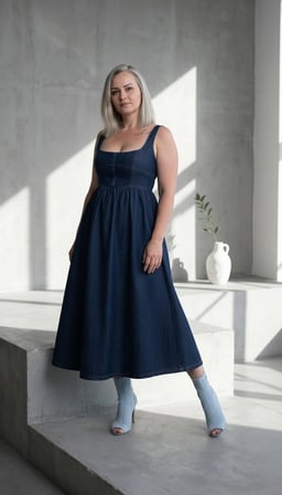 Göğüs Agraf - Kanca Detay, Kare Yaka, Belden Kloş Etekli Denim Elbise