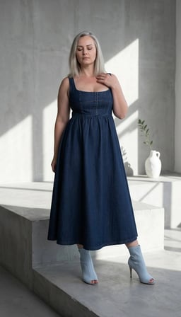 Göğüs Agraf - Kanca Detay, Kare Yaka, Belden Kloş Etekli Denim Elbise