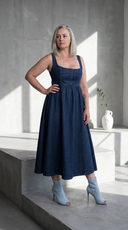 Göğüs Agraf - Kanca Detay, Kare Yaka, Belden Kloş Etekli Denim Elbise