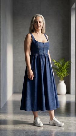 Göğüs Agraf - Kanca Detay, Kare Yaka, Belden Kloş Etekli Denim Elbise