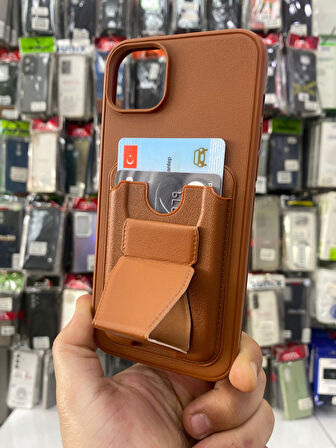 SAMSUNG S23 ULTRA UYUMLU AÇILIR STANDLI KARTLIKLI SERT DERİ KILIF KAHVERENGİ