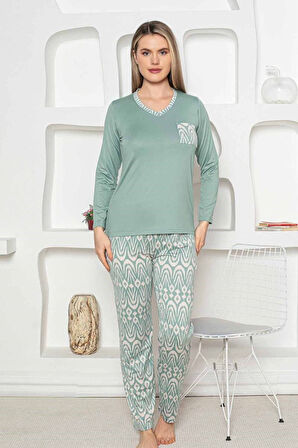 Etnik Desen Kadın Pijama Takımı - Uzun Kollu Likralı Penye Cepli Alt
