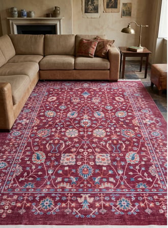 Twist Halı PS1164V2 Vintage Tarzı Bordo Etnik Desenli Halı Oturma Odası Salon Yatak Odası Mutfak Koridor Halısı Tozumaz Antialerjik Halı