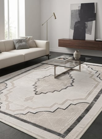 Bianca 30547A Modern Çerçeveli Ve Göbekli Gri Halı Oturma Odası Salon Halısı Gri