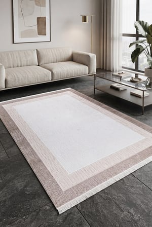 Almira164B Modern Çerçeveli Krem Kahve Halı Oturma Odası Salon Halısı Krem