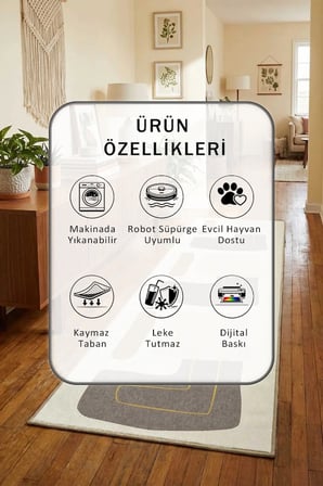 Yıkanabilir Kaymaz Taban Dijital Baskılı Yolluk Halı Bej