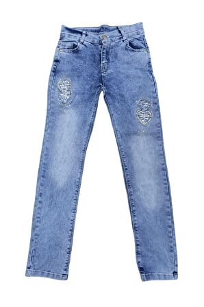 Kız Çocuk Nakışlı Boncuklu Kot Pantolon