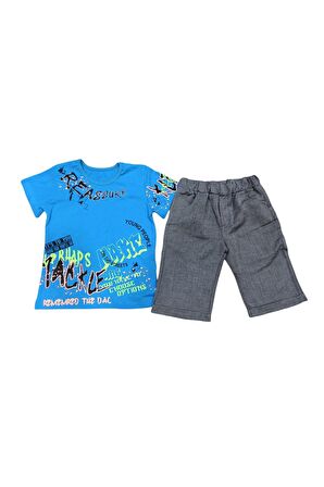 Erkek Çocuk Grafitti Desenli Gabardin Şortlu Takım