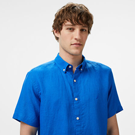 Nautica Erkek Mavi Classic Fit Keten Gömlek