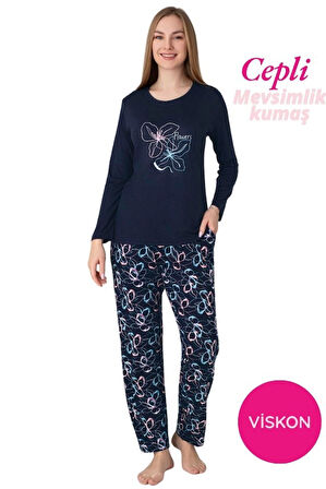 Kadın Bisiklet Yaka Düğmesiz Dökümlü Viskon Mevsimlik Uzun Kol Cepli Pijama Takımı