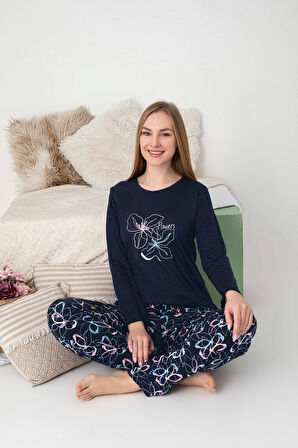 Kadın Bisiklet Yaka Düğmesiz Dökümlü Viskon Mevsimlik Uzun Kol Cepli Pijama Takımı