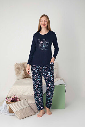 Kadın Bisiklet Yaka Düğmesiz Dökümlü Viskon Mevsimlik Uzun Kol Cepli Pijama Takımı