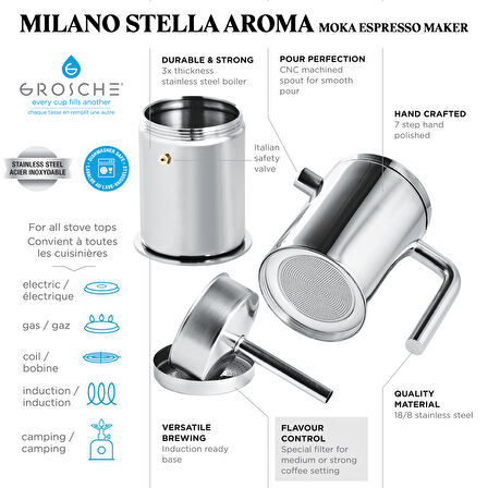 Grosche Milano Stella Aroma Çelik Moka Pot Gümüş 4 Cup