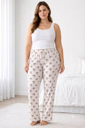 Viskon Pamuklu Kadın Büyük Beden Pudra Desenli Pijama Pantolon - MGB009 - Mudanis