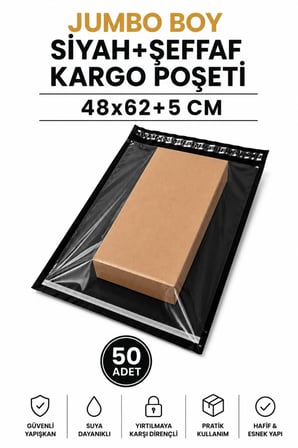 Jumbo Boy Siyah Şeffaf Kargo Poşeti 48x62+5 Cm 50 Adet