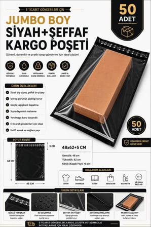Jumbo Boy Siyah Şeffaf Kargo Poşeti 48x62+5 Cm 50 Adet