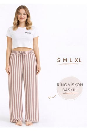 Viskon Pamuklu Kadın Gül Kurusu Çizgili Pijama Pantolon - MG003 - Mudanis