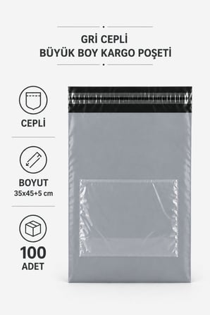 Gri Cepli Büyük Boy Kargo Poşeti 35x45+5 Cm 100 Adet