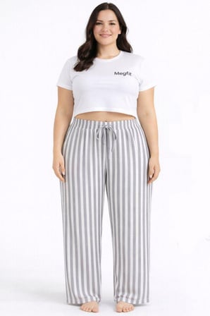 Viskon Pamuklu Kadın Büyük Beden Açık Gri Çizgili Pijama Pantolon - MGB006 - Mudanis