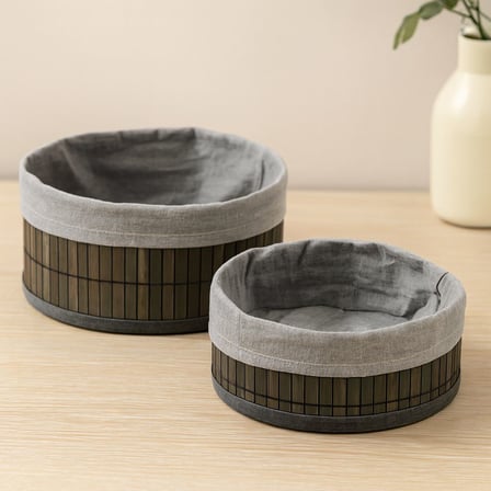 Yuvarlak Organizer Sepet - Bambu Kenarlı Ahşap Taban Bezli (Çap 22x24 cm)