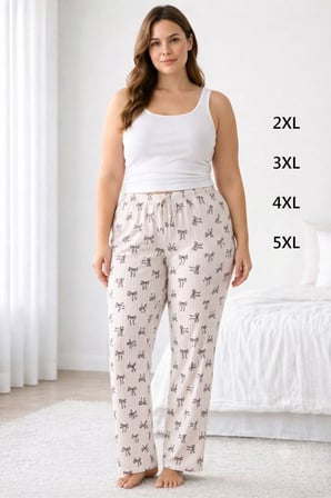 Viskon Pamuklu Kadın Büyük Beden Pudra Desenli Pijama Pantolon - MGB009 - Mudanis