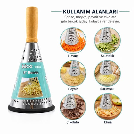 8" Ahşap & Bambu Saplı Çelik Rende (Silikon Taban, 3 Bölümlü)