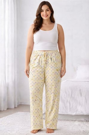 Viskon Pamuklu Kadın Büyük Beden Açık Sarı Desenli Pijama Pantolon - MGB010 - Mudanis