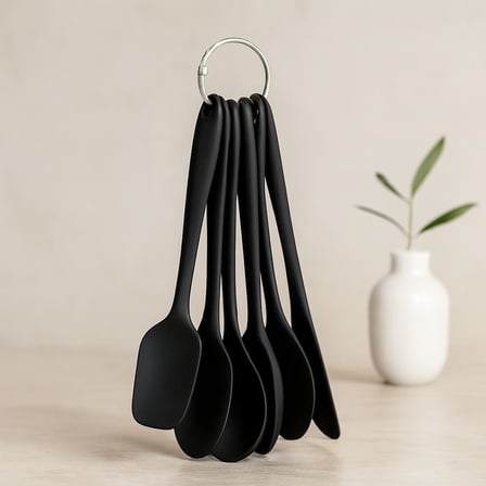 6 Parça Siyah Silikon Mutfak Seti (2 Kaşık, 3 Spatula, Yumurta Fırça)