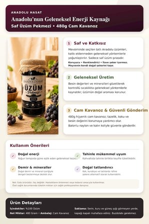 Üzüm Pekmezi 480 gr Cam Kavanoz – Kahvaltılık ve Tatlılarda Kullanıma Uygun
