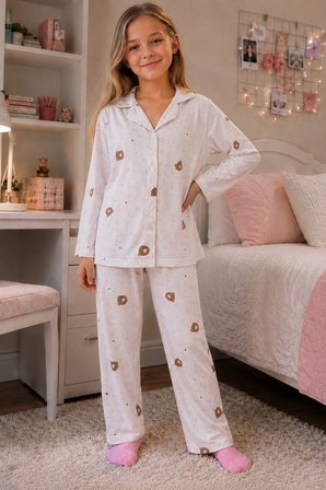 Kız Çocuk Aile Boyu Pamuklu Desenli Pijama Takım TKM1023