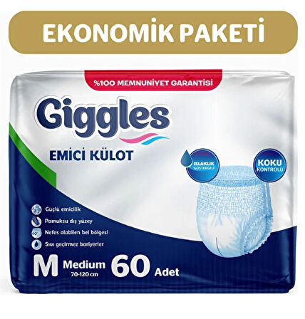 Giggles Yetişkin Emici Külot Bez Orta Boy (Medium) 30'lu 2 Paket (60 Adet) Bel Boy 70-120 cm