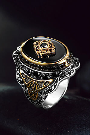 Erkek Gümüş Yüzük - Siyah Oniks Taşlı Çiçek Motifli Erkek Yüzük