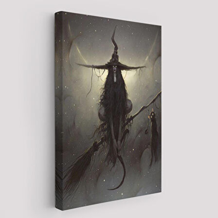 Süpürge ile Uçan Cadı ve Kedisi, Cadılar Bayramı Hediyesi, Hellowen Tablo -6287