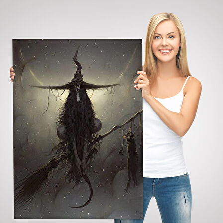 Süpürge ile Uçan Cadı ve Kedisi, Cadılar Bayramı Hediyesi, Hellowen Tablo -6287