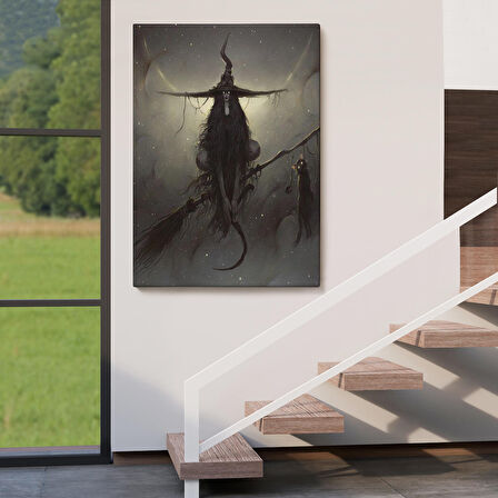 Süpürge ile Uçan Cadı ve Kedisi, Cadılar Bayramı Hediyesi, Hellowen Tablo -6287