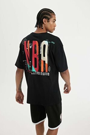 DeFactoFit NBA Wordmark Oversize Geniş Kalıp Bisiklet Yaka Kısa Kollu Tişört A1890AX24SMBK81