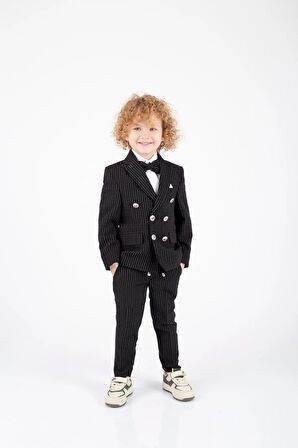 Erkek Çocuk Çizgili Ceket Gömlek Pantolon Papyonlu Takım Elbise Te.1001y