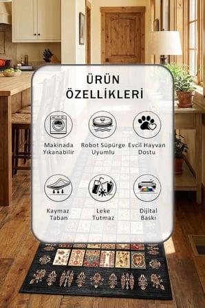 Siyah Yıkanabilir Kaymaz Taban Dijital Baskılı Mutfak Halısı
