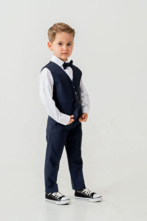 Erkek Çocuk Yelekli Slim Fit Takım Elbise – 4 Parça (Yelek, Pantolon, Gömlek, Papyon) TE.7026